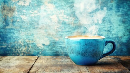 Steam Emerges from Blue Coffee Mug on Rustic Wooden Table Against Textured Aqua Background Featuring Warm Tones and Cozy Ambiance