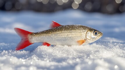 Fototapeta premium Silver chub resting on glistening snow with vibrant red fins highlighted against a winter landscape