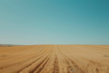 Obraz premium Golden wheat field stretches under a clear blue sky during summer harvest time