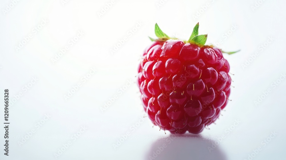 Poster fresh red raspberry with green leaves on a clean white background showcasing its vibrant color and j