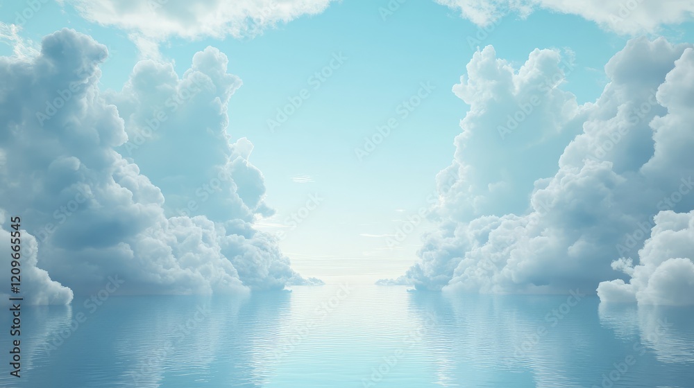 Poster Serene Blue Sky and Calm Ocean Cloudscape with Reflection and Expansive Blank Space for Design Elements
