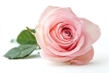 Fototapeta premium A pink rose with green leaves on a pure white background