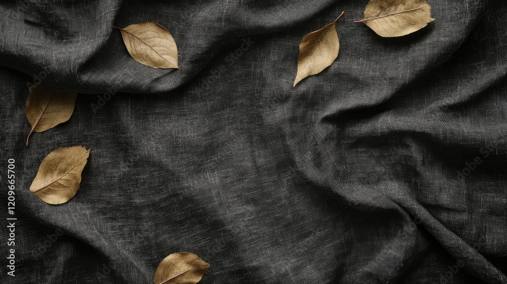 Poster vintage dark grey linen backdrop with falling leaves suitable for product display and elegant mockup