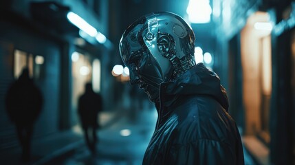 Cybernetic Figure in Dark Alley with Reflective Visage, Featuring Urban Elements and Soft Blue Lighting
