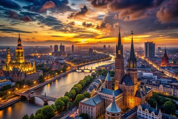Fototapeta premium Dramatic Dusk Cityscape: Aerial View of Fantastical Towers and Winding Rivers