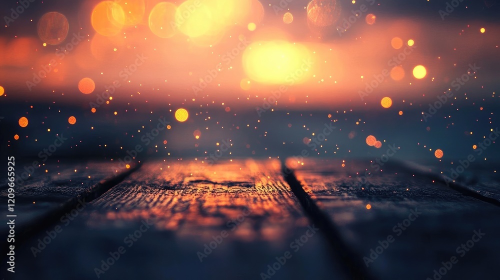 Poster Warm Bokeh Lights Over a Rustic Wooden Table Creating a Soft Blurred Background Perfect for Romantic or Dreamy Themes