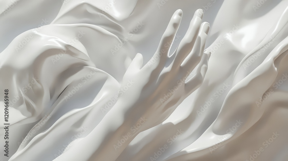 Poster elegant white sculpted hand gestures amidst soft flowing fabric, showcasing a minimalist design with
