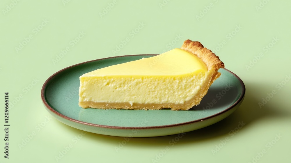 Poster custard pie slice on a green plate showcasing creamy texture and flaky crust against a soft pastel b