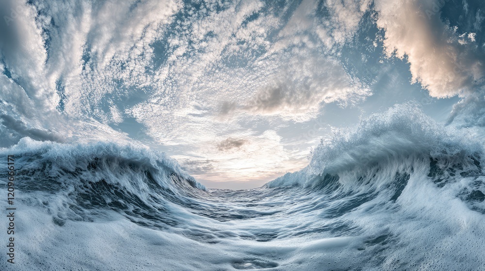 Poster dynamic ocean waves under dramatic cloudy sky with sunlight reflections at marine beach panorama in 