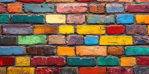 Fototapeta premium Colorful textured brick wall featuring vibrant shades of green, blue, yellow, orange, and red arranged horizontally in a lively pattern ideal for backgrounds.