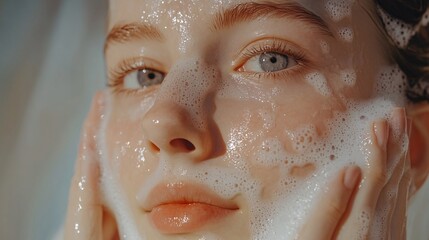 Beautiful young woman in shower washing face. Closeup portrait of attractive girl taking shower.
