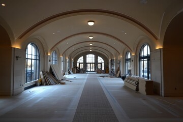 Arched structure with windows, materials, and temporary covering.