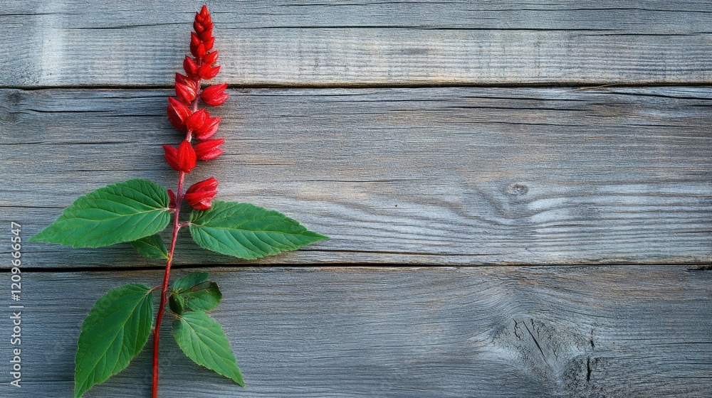 Poster red torch nettle plant displaying vibrant flowers and lush green leaves on a rustic wooden backgroun