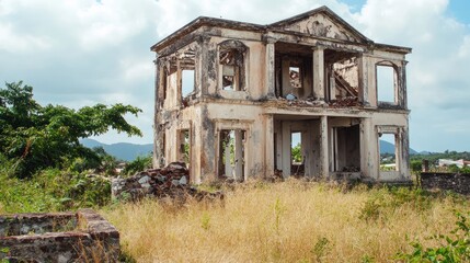 Fototapeta premium Abandoned historical mansion in overgrown landscape showcasing decay and nature's reclaiming of architecture