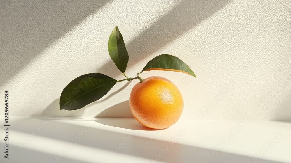 Poster Single Tangerine with Green Leaves on White Surface Casting Soft Shadows in Elevated Side View Composition