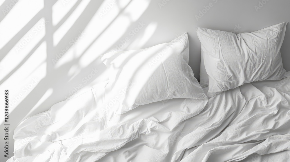 Aufkleber Cozy bed close up featuring white and gray bedding with soft textures and natural light highlighting the linens and empty space on the left