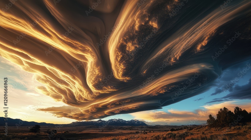 Poster dynamic golden clouds over majestic mountain landscape at sunset with vibrant sky and dramatic atmos