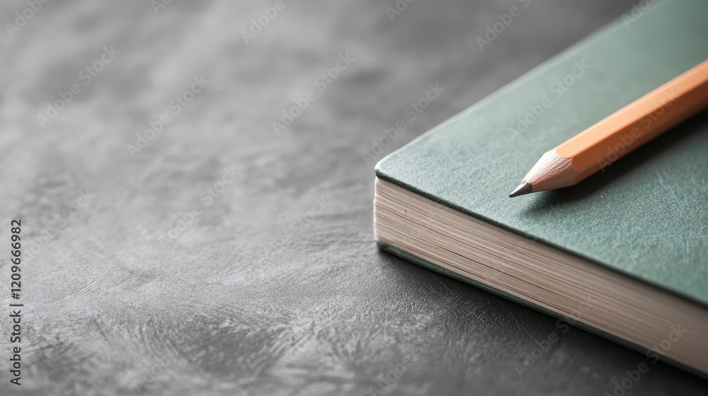 Aufkleber sketch book with sharpened pencil resting on textured gray background for creative and artistic concepts