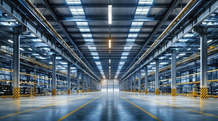 Large industrial warehouse interior with metal structure and yellow safety lines