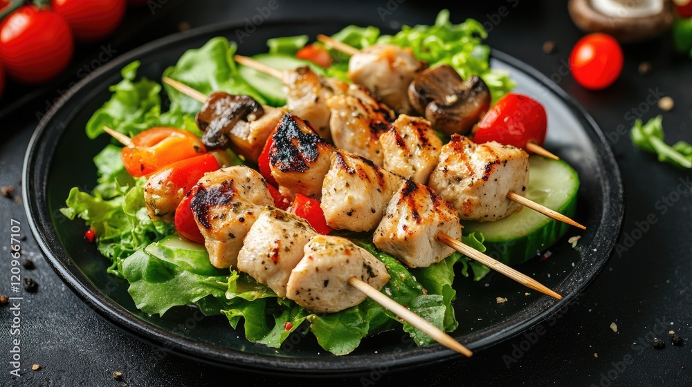 Poster grilled chicken skewers with mushrooms and red peppers served on a fresh salad of lettuce, tomatoes,