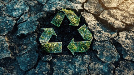 Fototapeta premium Sustainable recycling symbol emerging from cracked soil highlighting eco-friendly management and environmental awareness in design