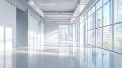 Sunlit modern empty office space with large windows and city view.