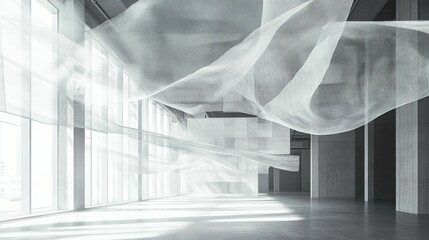 Light white gauzy fabric inside large concrete space.