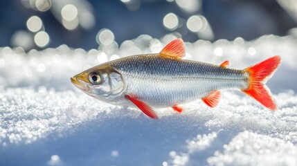 Fototapeta premium Silver chub with red fins resting on pristine snow with sparkling bokeh background capturing a wintry aquatic scene