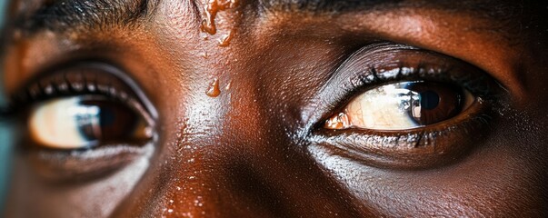 A close-up of a person's eyes filled with tears, reflecting a range of emotions from sadness to joy.