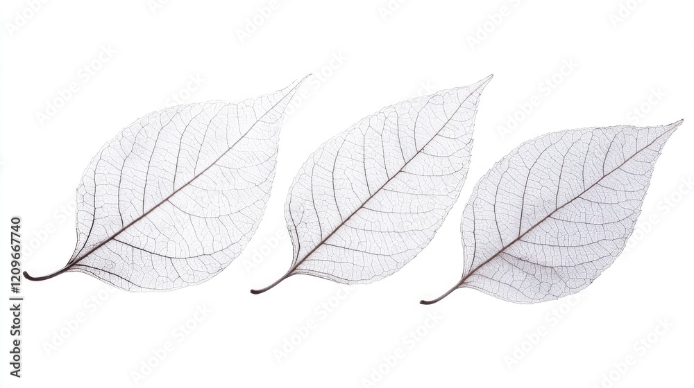 Poster Delicate skeleton leaves arranged elegantly on a white background showcasing intricate vein patterns and transparency in nature's design