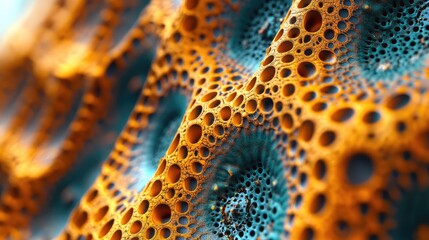 Close up of intricate orange and blue semiconductor component design highlighting advancements in microelectronics with detailed textures and patterns.