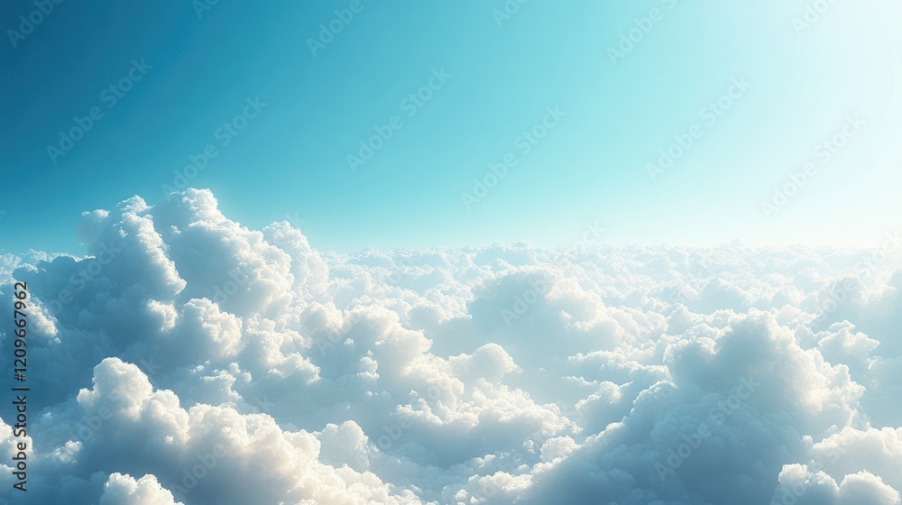 Poster panoramic sky and ocean cloudscape with bright blue and soft white clouds over serene horizon ideal 