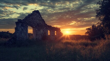 Sunrise over ancient ruins with vibrant clouds and golden light illuminating the historical structure amidst lush green grass.