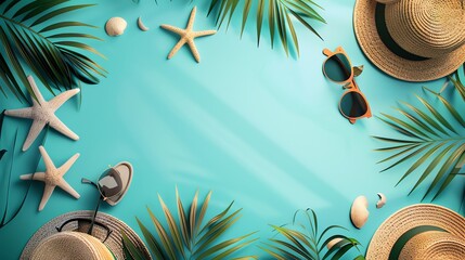 Summer vacation essentials: beach hats, sunglasses, seashells and palm leaves on a turquoise background.