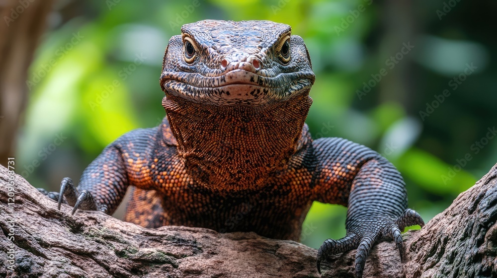 Poster Giant red-brown monitor lizard perched on a tree trunk displaying aggression with a natural blurred background showcasing an endangered species
