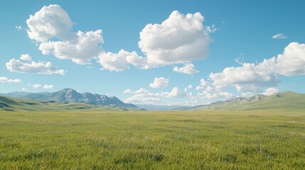 Fototapeta premium Sunny day, green meadow, mountain view, peaceful landscape, travel poster