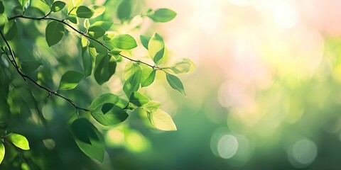 Abstract soft blurred green foliage with sunlight filtering through leaves in the foreground and a dreamy bokeh background of light tones.
