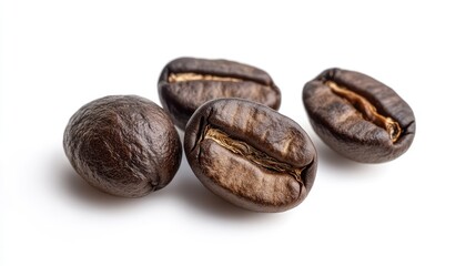 Obraz premium High-Quality Close-Up of Dark Roasted Robusta Coffee Beans on White Background with Natural Texture and Details