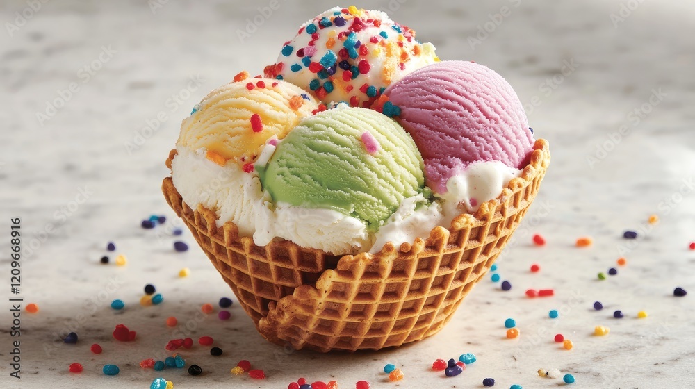 Poster waffle cone filled with vibrant ice cream scoops and colorful sprinkles on a marble background
