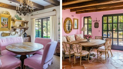 Fototapeta premium Farmhouse-style tea rose kitchen and living room with rustic charm and soft pastel details