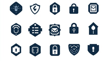 Collection of Dark Blue Security Technology Icons Representing Privacy Protection and Personal Data Security in a Modern Digital Environment
