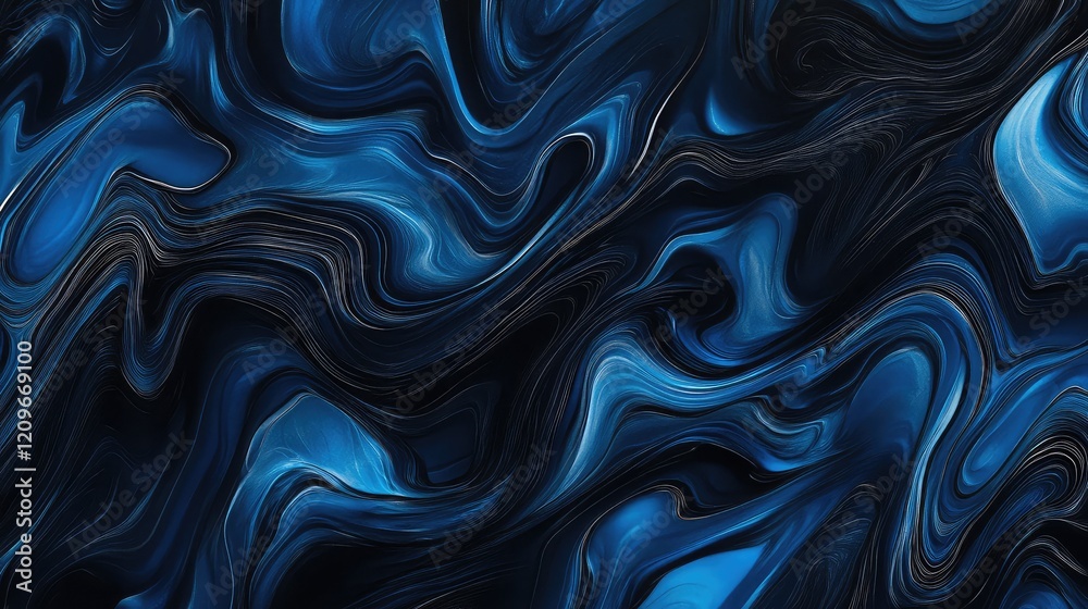 Poster Abstract blue and black digital background with smooth wavy lines and textures, suitable for modern design and technology themes.