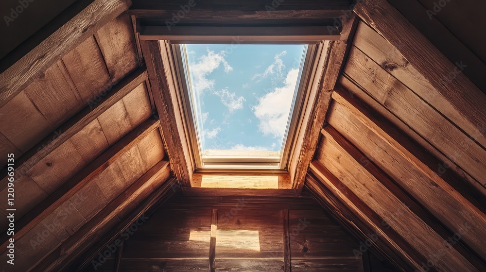 Poster Natural Light Regulating Skylight in Rustic Wooden Attic with Tudor Architecture Elements and Blue Sky Background