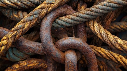 Rusty old metal chains and ropes creating a textured background emphasizing the beauty of decay and industrial remnants