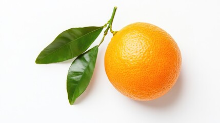 Fresh orange with green leaves on a clean white background highlighting natural textures and vibrant colors for food and botanical themes.