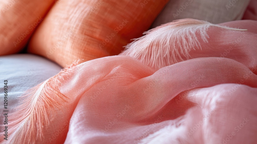 Poster soft coral fabric with delicate feather accents bathed in gentle light for a serene and calming inte