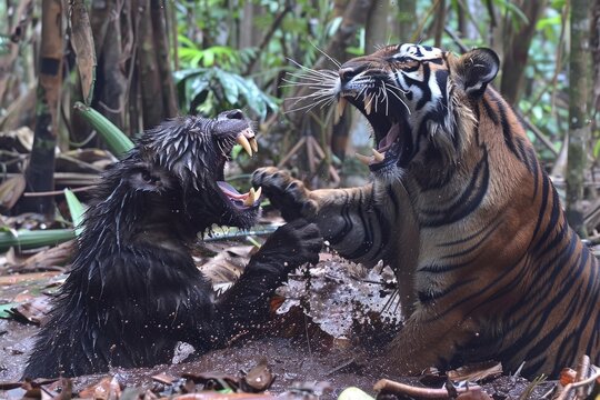 A fierce encounter between a tiger and a wild boar in a dense jungle, showcasing the raw power and intensity of nature's predators.