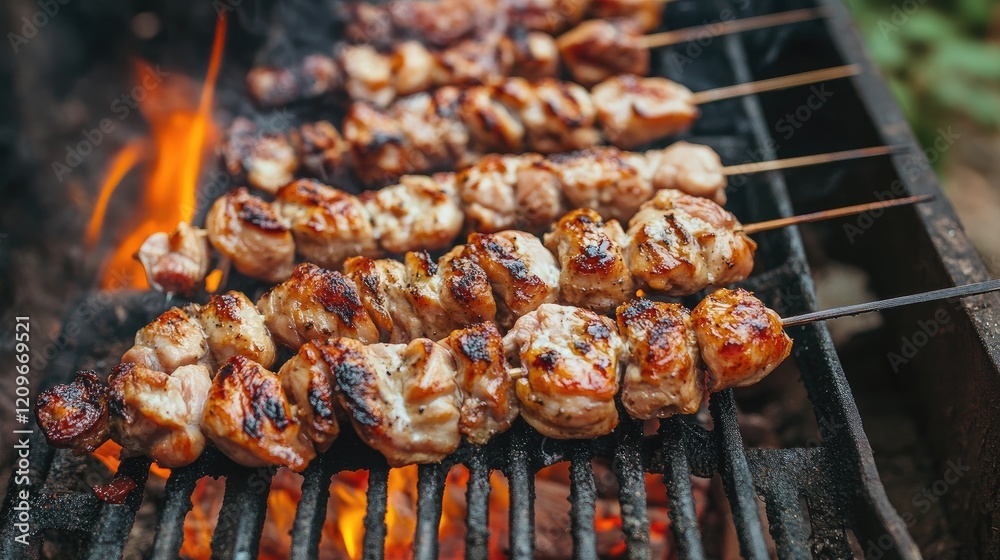 Poster grilled chicken skewers cooking over an open flame in a natural outdoor setting