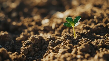 Green Seedling Sprouting in Fertile Brown Soil Illuminated by Warm Sunlight in a Nature Landscape During Spring Growth Season