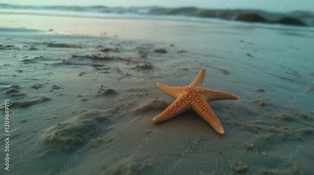 Poster lone starfish resting on a sandy beach with gentle waves in the background during a tranquil coastal